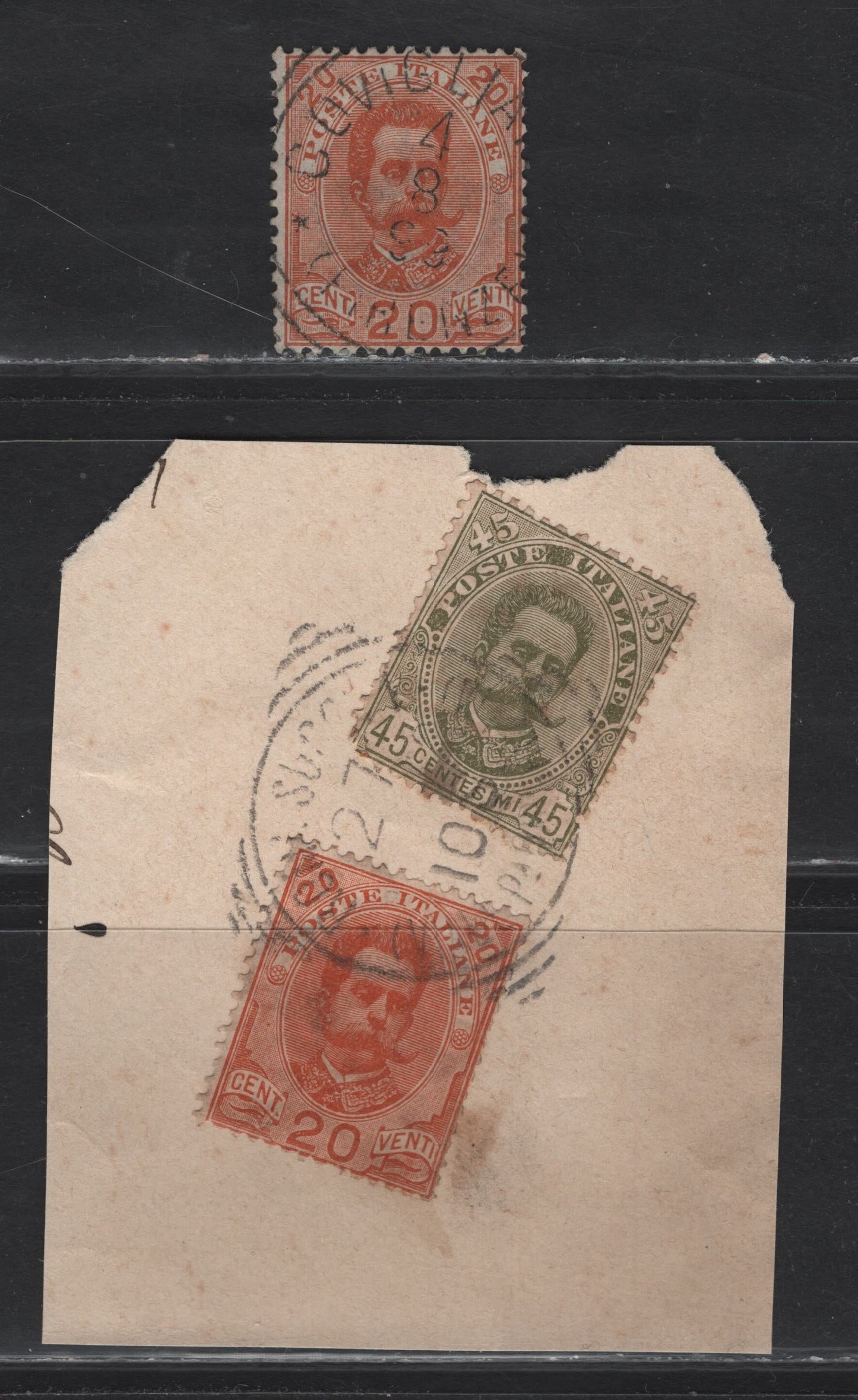 Lot 226 Italy SC#69, 71 20c, 45c Orange & Olive Green Humbert I, 1891-1896 King Humbert I Keyplates, 3 Fine & VF Used Singles With SON Coviglia & Squarred Circle Cancels