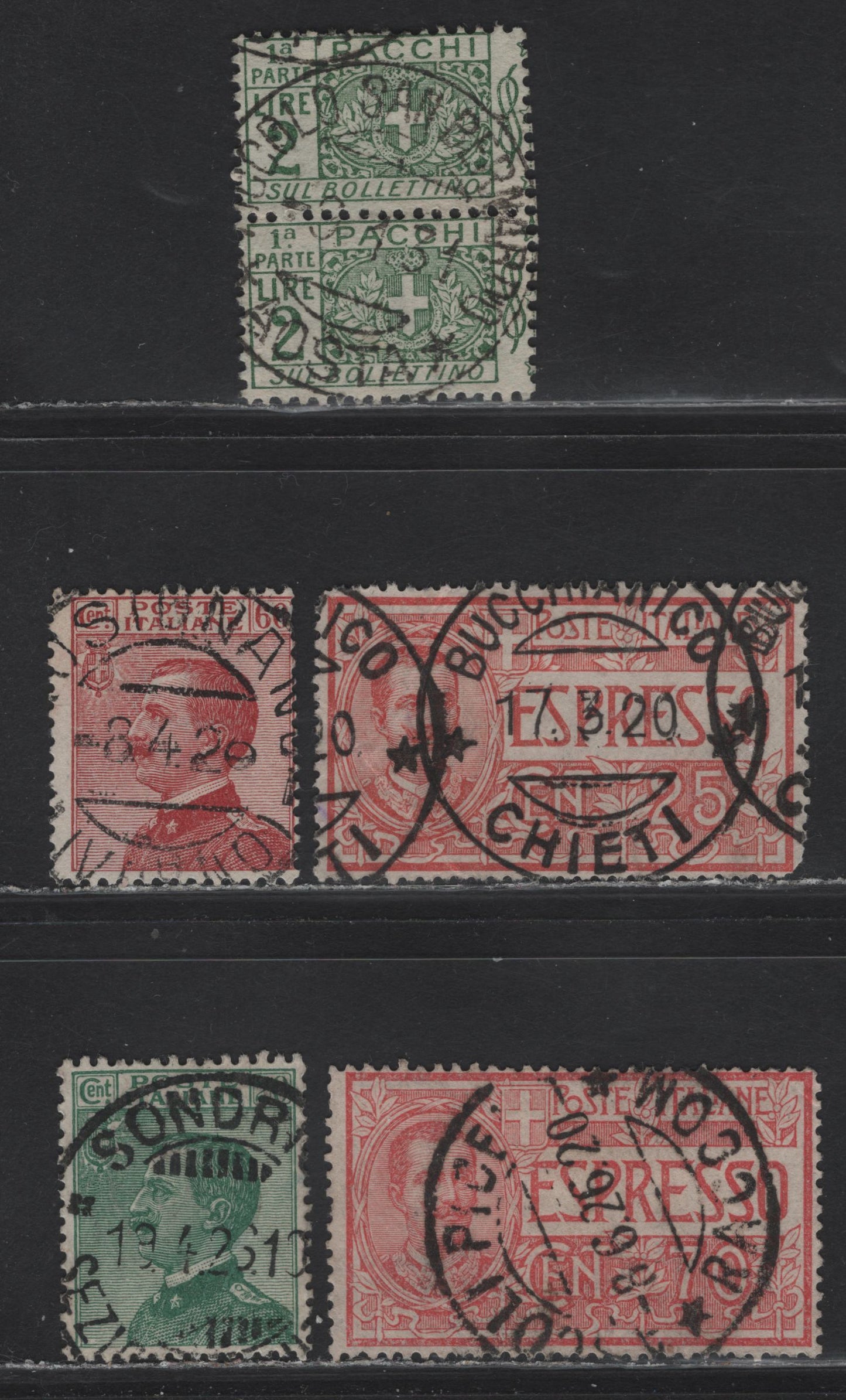 Lot 227 Italy SC#98, 107, E1, E4, Q13 20c-2L Green & Dull Red Victor Emmanuel III & Arms, 1908-1927 Victor Emmanuel III Keyplates - 1914-1922 Parcel Post Issue, 4 VG - VF Used Singles & a Pair With SON CDS Town Cancels