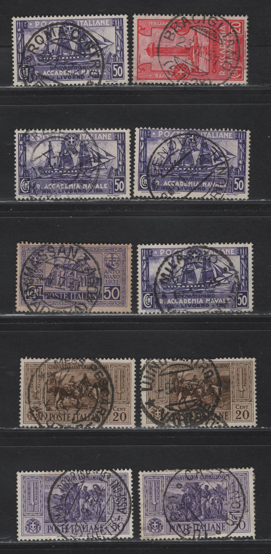 Lot 230 Italy SC#261, 265-266, 281, 284 20c-50c Rose Red - Violet Tower Of Meloria - Battle of Calatafimi, 1931-1932 Royal Naval Academy - Garibaldi Issues, 9 VG - VF Used Singles With SON CDS Town Cancels
