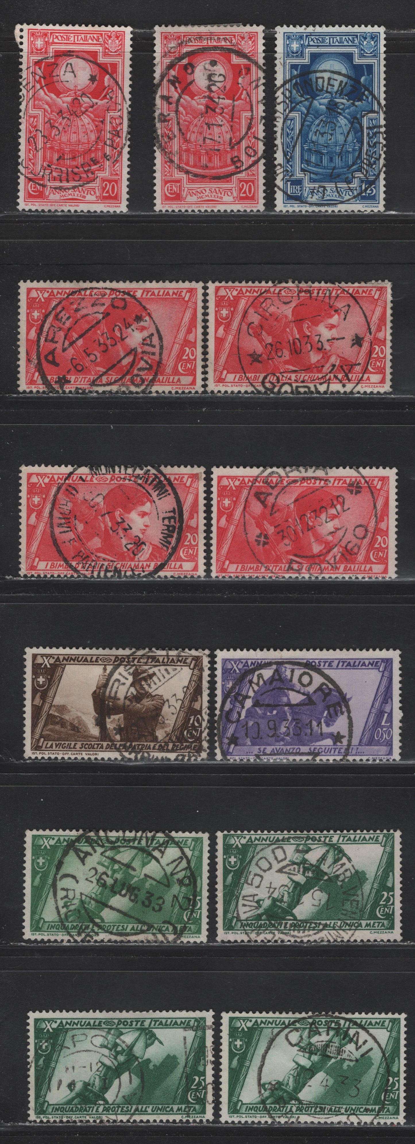Lot 231 Italy SC#291, 293, 294, 297, 310, 313 20c-50c Rose Red - Violet Cross in Halo, St. Peter's Dome - Mussolini Statue, 1932-1933 10th Anniversary of March On Rome - Holy Year Issue, 13 Fine & VF Used Singles With SON CDS Town Cancels