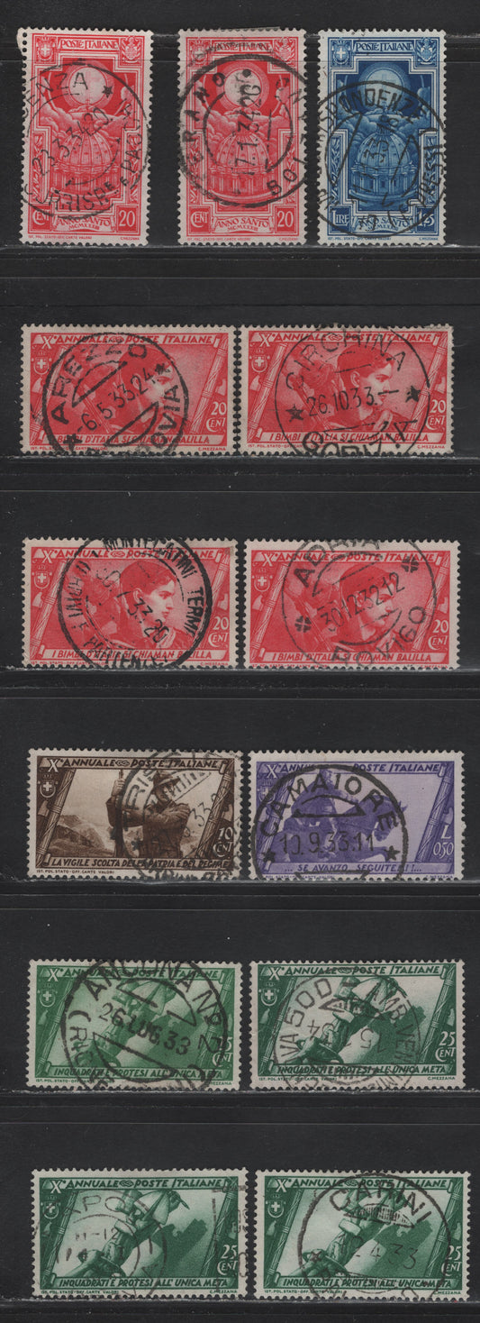 Lot 231 Italy SC#291, 293, 294, 297, 310, 313 20c-50c Rose Red - Violet Cross in Halo, St. Peter's Dome - Mussolini Statue, 1932-1933 10th Anniversary of March On Rome - Holy Year Issue, 13 Fine & VF Used Singles With SON CDS Town Cancels