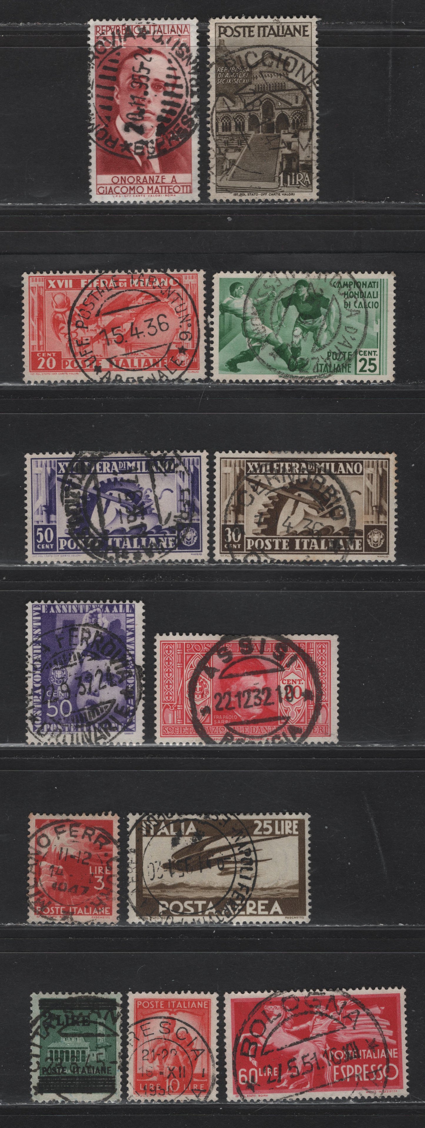 Lot 232 Italy SC#E25/700 20c-60l Rose Red - Carmine Paolo Sarpi - Roaring Horse & Torch Bearer, 1934-1947 2nd World Soccer Championship - Special Delivery. , 13 Fine & VF Used Singles With SON CDS Town Cancels