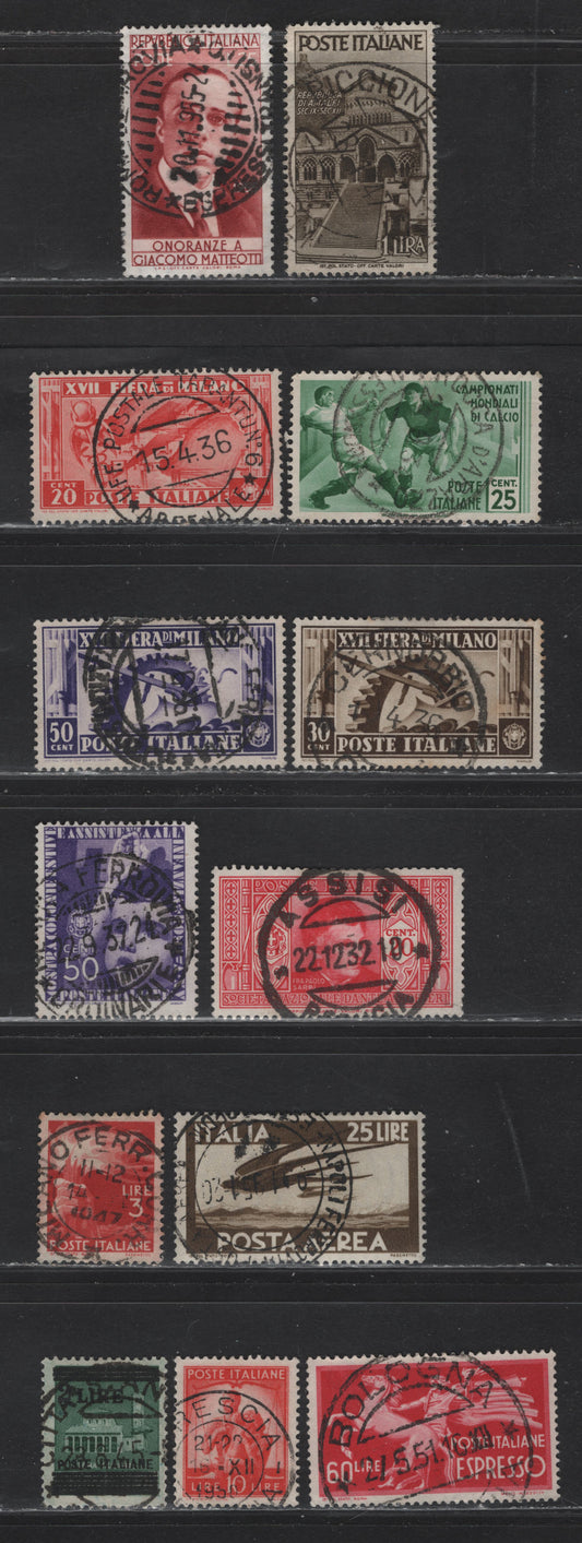 Lot 232 Italy SC#E25/700 20c-60l Rose Red - Carmine Paolo Sarpi - Roaring Horse & Torch Bearer, 1934-1947 2nd World Soccer Championship - Special Delivery. , 13 Fine & VF Used Singles With SON CDS Town Cancels