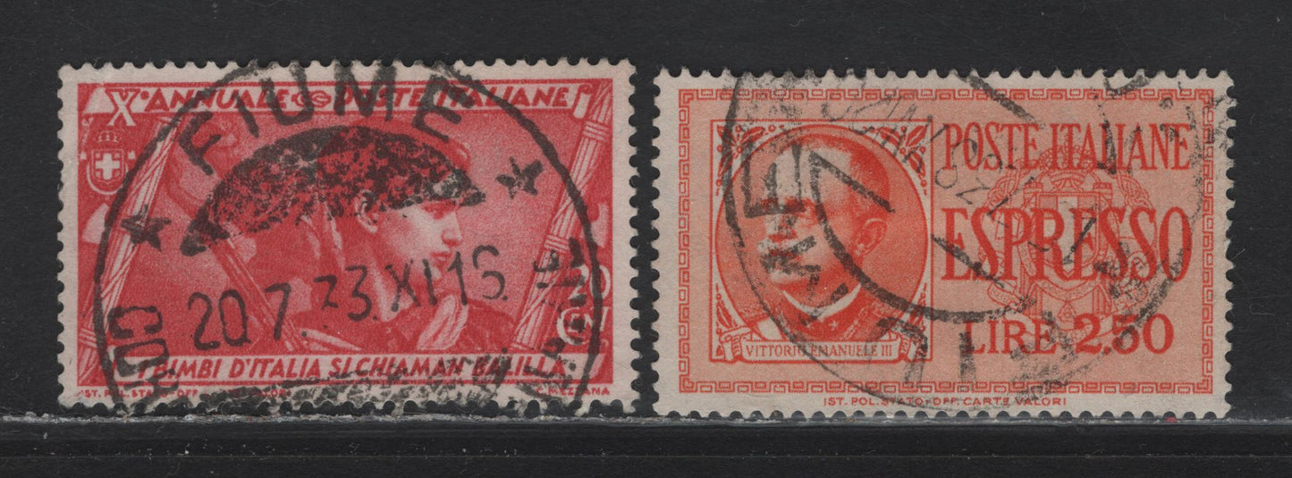 Lot 233 Italy SC#293, E15 20c-2.5L Rose Red - Orange Head of Fascist Youth - Victor Emmanuel III, 1932-1934 March on Rome &Special Delivery Issues , 2 VG & Fine Used Singles With SON Fiume Cancels