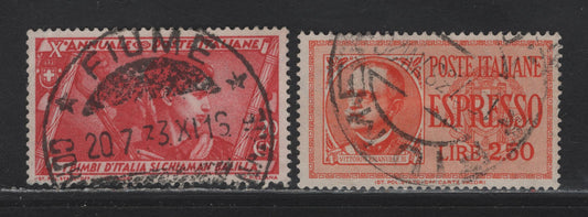 Lot 233 Italy SC#293, E15 20c-2.5L Rose Red - Orange Head of Fascist Youth - Victor Emmanuel III, 1932-1934 March on Rome &Special Delivery Issues , 2 VG & Fine Used Singles With SON Fiume Cancels