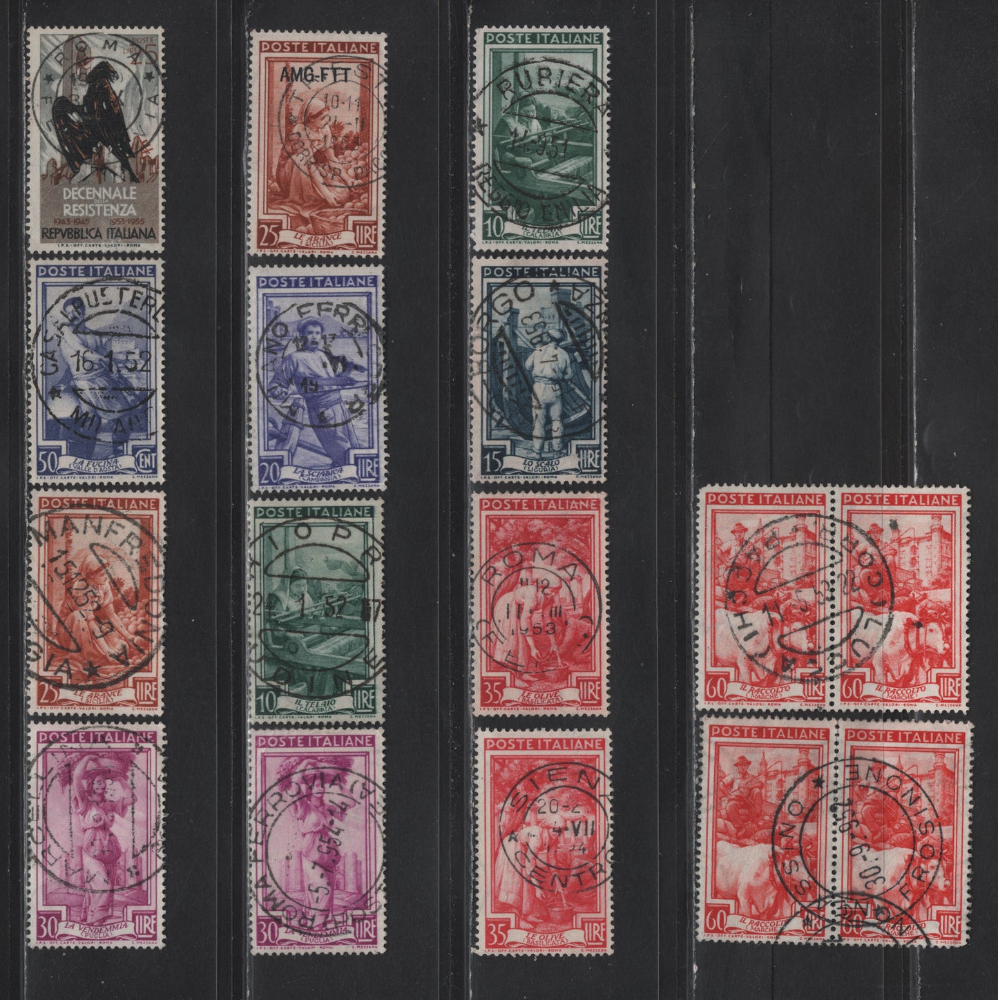 Lot 234 Italy SC#554/564653, 99 10l-60l Deep Green - Red Weaving - Grain Cart, 1950 Trades Definitive Issue, 12 Fine & VF Used Singles & 2 Pairs With SON CDS Town Cancels