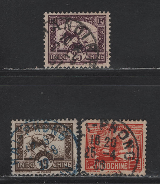 Lot 235 Indochina SC#145, 159, 165 2/5c - 25c Orange Red - Deep Violet Junk & Planting Rice, 1931-1941 Pictorial Definitive Issue, 3 VF Used Singles With SON Hai-Phong and Hanoi Cancels