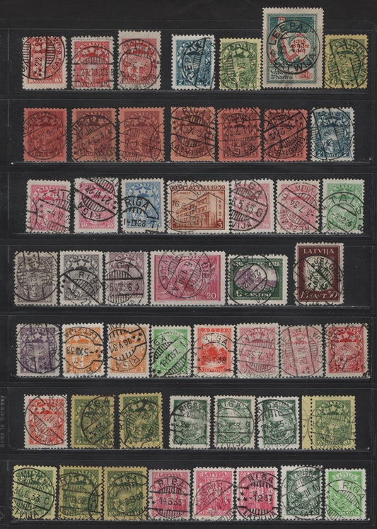 Lot 240 Latvia SC#63/B62 1r- 15s +30s Green & Red - Maroon & Dull Green Allegory of Independence - Daisies & Cross, 1919 Independence Issue - 1930 Semi-Postal, 49 Fine & VF Used Singles With SON CDS Town Cancels