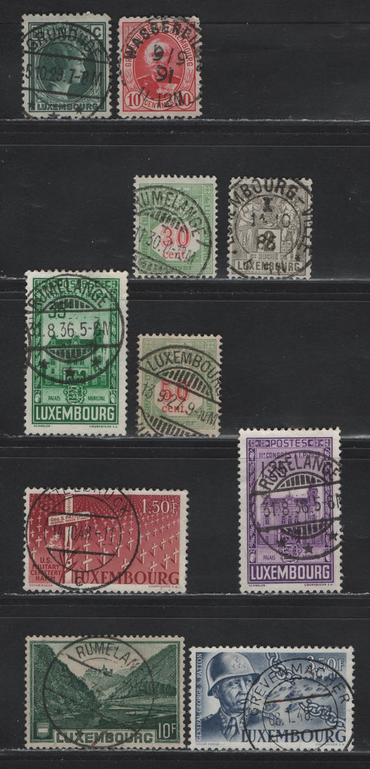 Lot 243 Luxembourg SC#49a, 60, 171, 199, 201, 204, 242, 243, J14, J16 2c-50c Grey-Green & Red Orange Industry & Commerce - Numerals, 1882 Industry & Commerce Definitives - 1921-1935 Postage Due, 10 Fine & VF Used Singles With SON CDS Town Cancels