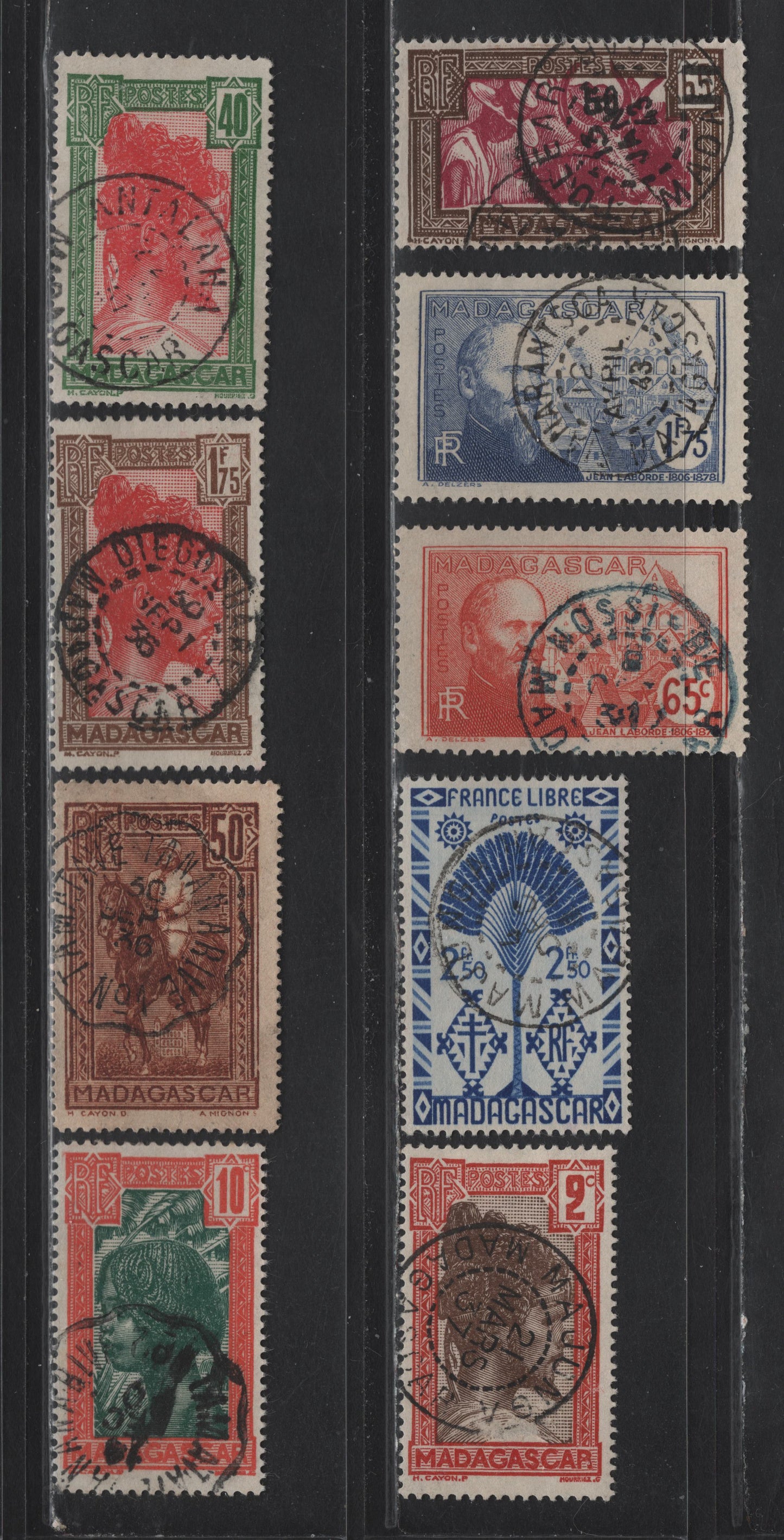 Lot 246 Madagascar SC#148/250 2c-2.5fr Brown Red & Dark Brown - Bright Ultramarine Sakalava Chief - Traveller's Tree, 1930-1944 Pictorial Definitive Issue - 1942 Photogravure Definitives, 9 Fine & VF Used Singles With SON CDS Town Cancels