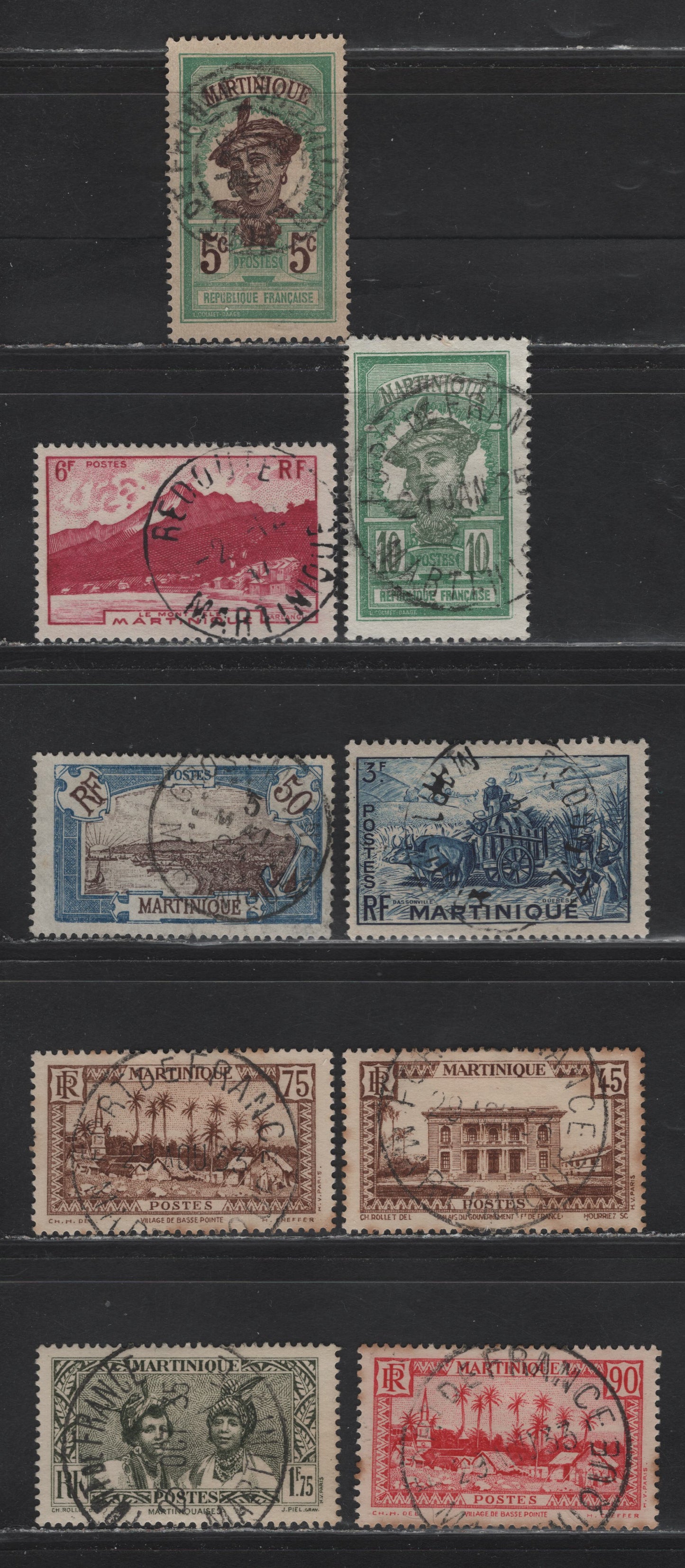 Lot 249 Martinique SC#65, 68, 85, 146, 153, 155, 164, 225, 228 5c-6f Green & Brown - Lilac Rose Martinique Woman - Mount Pelee, 1908-1930 Pictorial Definitives - 1947 Engraved Pictorial Definitives, 9 Fine & VF Used Singles With SON CDS Town Cancels