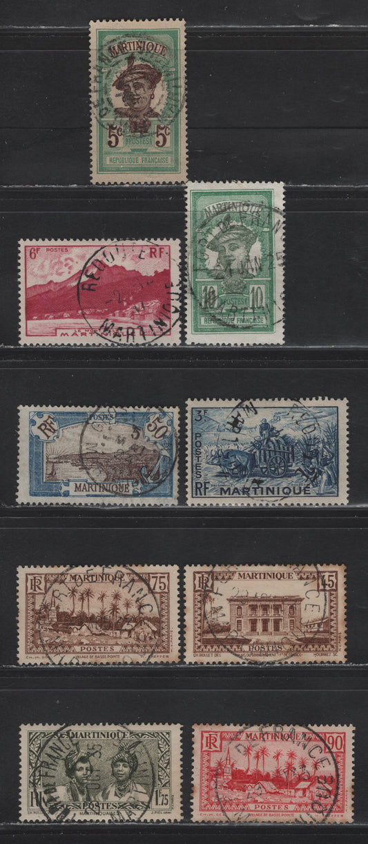 Lot 249 Martinique SC#65, 68, 85, 146, 153, 155, 164, 225, 228 5c-6f Green & Brown - Lilac Rose Martinique Woman - Mount Pelee, 1908-1930 Pictorial Definitives - 1947 Engraved Pictorial Definitives, 9 Fine & VF Used Singles With SON CDS Town Cancels