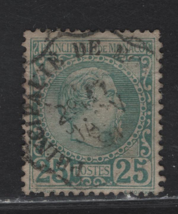 Lot 252 Monaco SC#6 25c Green Prince Charles III, 1885 Prince Charles III Profile Heads, A VF Used Single With SON January 5, 1891 Principalte De Monaco Cancel