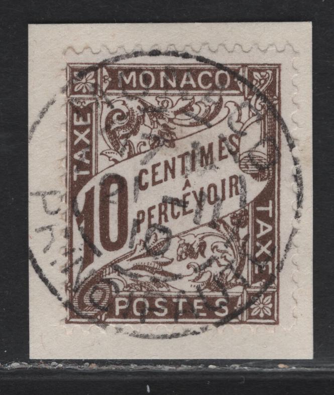 Lot 253 Monaco SC#J4 10c Brown Numeral On Text Background, 1905-1943 Postage Due Issue, A Fine Used Single Tied To Piece With SON February 21, 1910 Monico Principalite CDS Cancel