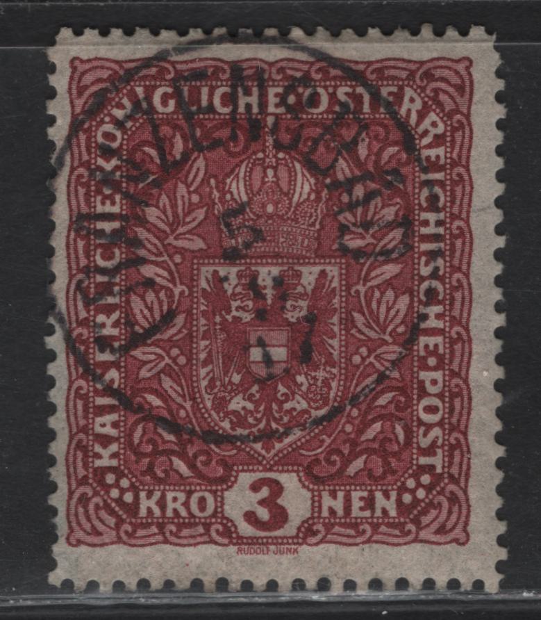 Lot 254 Austria Used In Czech Republic SC#161 3k Claret Coat Of Arms, 1916-1918 Crown, Franz Joseph & Arms Definitives, A Fine Used Single With SON Franzensbad, September 5, 1917
