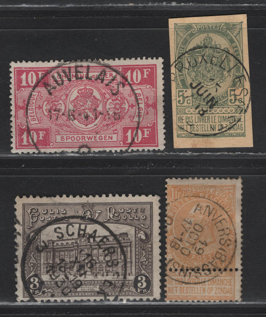 Lot 255 Belgium SC#73a, Q258, Q176 1fr-10fr Orange Yellow - Rose Lilac Leopold I - Arms, 1893-1900  Leopold & Arms Keyplates With Sunday Labels - 1941 Parvel Post, 4 VG & VF Used Singles With SON CDS Town Cancels, Parcel Posts With Small Faults