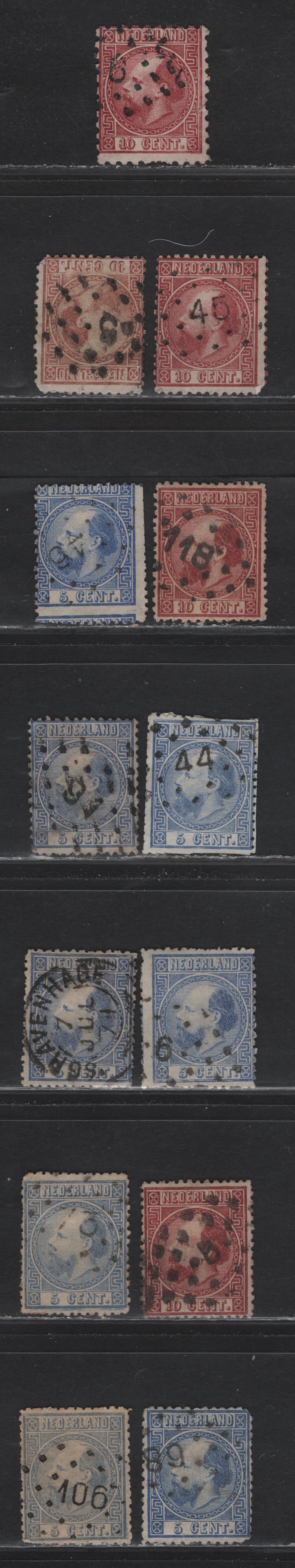Lot 257 Netherlands SC#7a, 8a, 7b, 8b, 8c 5c, 10c Ultramarine & Lake King William III, 1867-1869 King William III Left Facing Portrait, 13 VG-VF Used Singles With SON Dotted Numeral Cancels