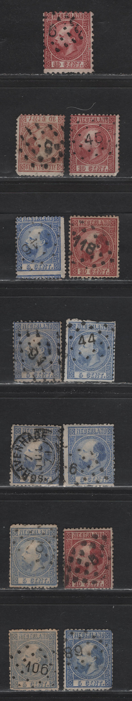 Lot 257 Netherlands SC#7a, 8a, 7b, 8b, 8c 5c, 10c Ultramarine & Lake King William III, 1867-1869 King William III Left Facing Portrait, 13 VG-VF Used Singles With SON Dotted Numeral Cancels