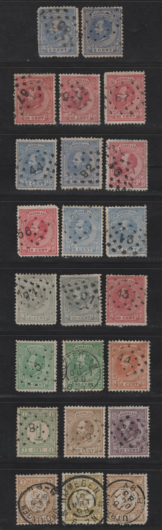 Lot 262 Netherlands SC#23a/31, 35-36 5c-2c Ultramarine - Olive Yellow King William III & Numeral, 1872-1888 King William III Keyplates & 1876-1894 Numerals, 23 VG Used Singles With SON Dotted Numeral & CDS Town Cancels