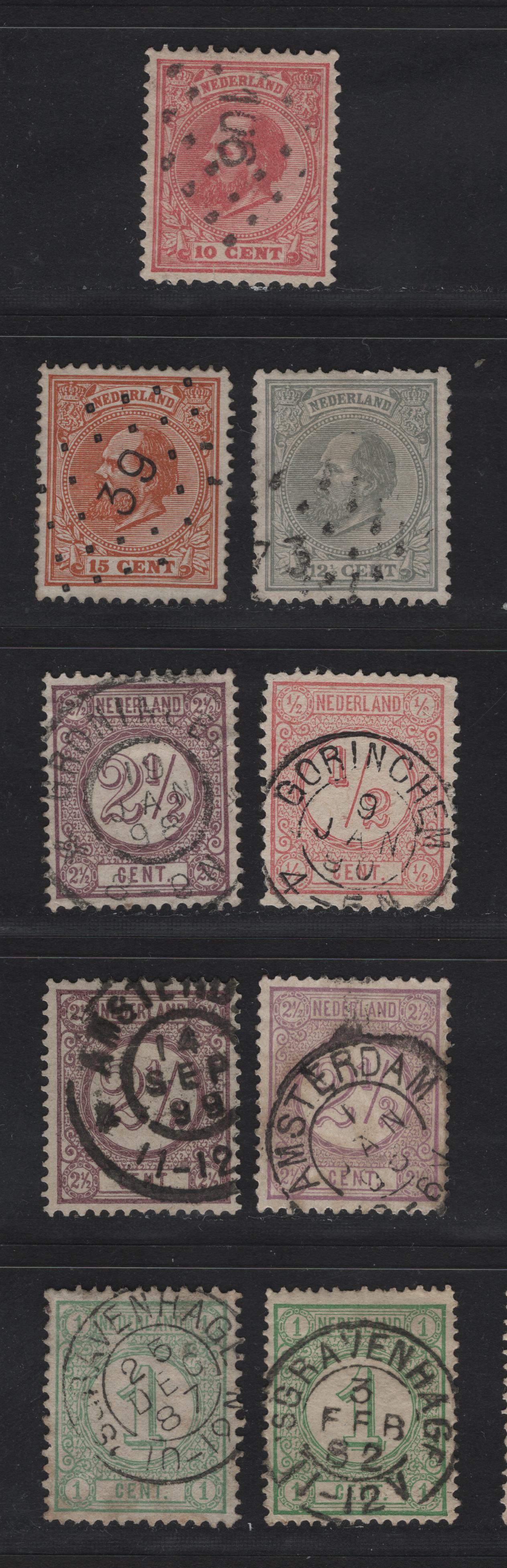 Lot 264 Netherlands SC#25-27, 34, 35, 3c 10c-2.5c Carmine - Lilac King William III & Numeral, 1872-1888 King William III Keyplates & 1876-1894 Numerals, 9 Fine & VF Used Singles With SON Dotted Numeral & CDS Town Cancels