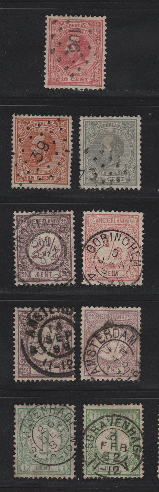 Lot 264 Netherlands SC#25-27, 34, 35, 3c 10c-2.5c Carmine - Lilac King William III & Numeral, 1872-1888 King William III Keyplates & 1876-1894 Numerals, 9 Fine & VF Used Singles With SON Dotted Numeral & CDS Town Cancels