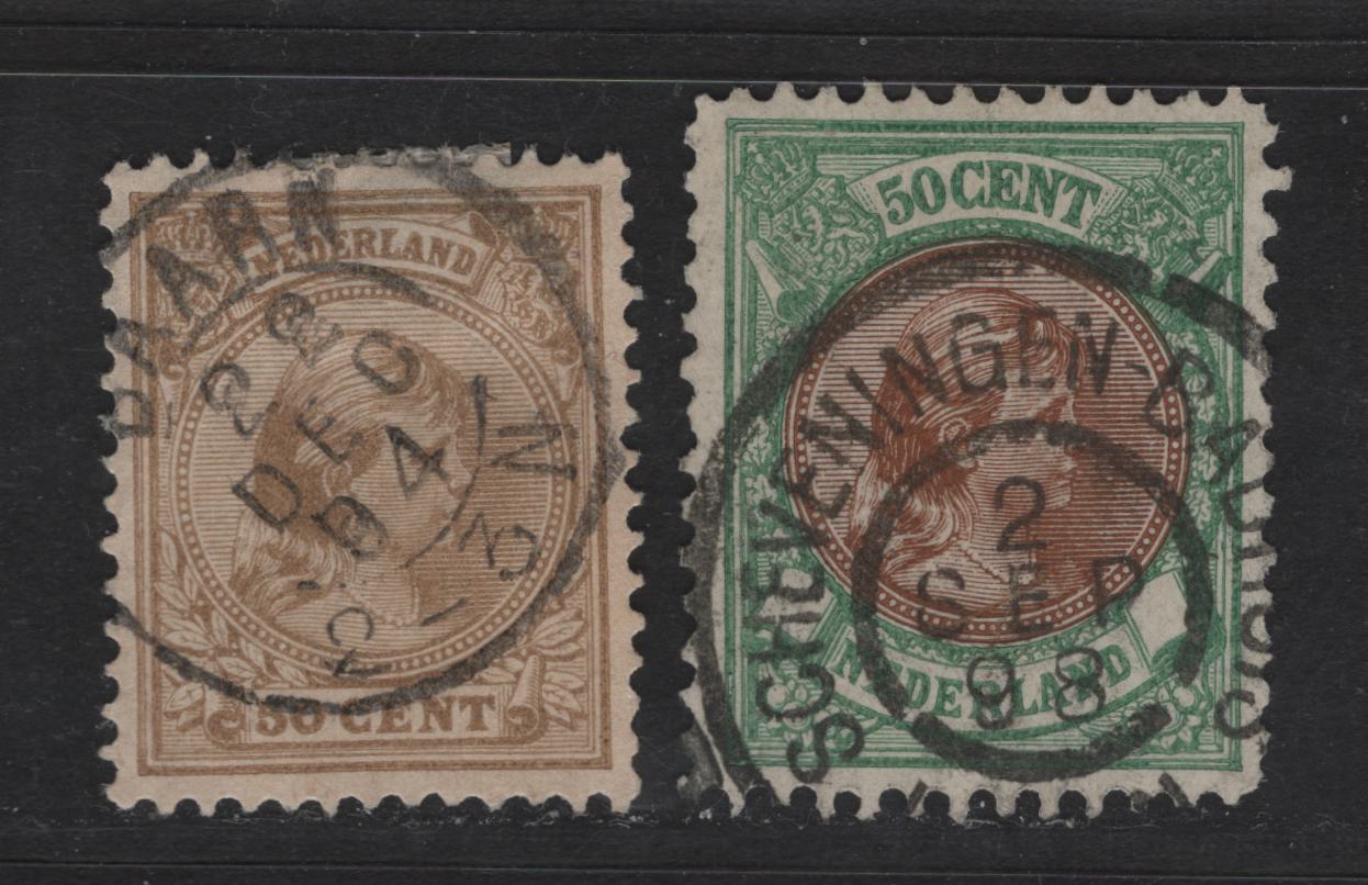 Lot 267 Netherlands SC#49a, 51 50c Bistre & Emerald & Brown Princess Wilhelmina, 1891-1896 Princess Wilhelmina Keyplates, 2 VF Used Singles With SON Baarn & Scheveningen CDS Cancels