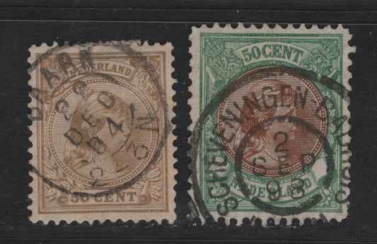 Lot 267 Netherlands SC#49a, 51 50c Bistre & Emerald & Brown Princess Wilhelmina, 1891-1896 Princess Wilhelmina Keyplates, 2 VF Used Singles With SON Baarn & Scheveningen CDS Cancels