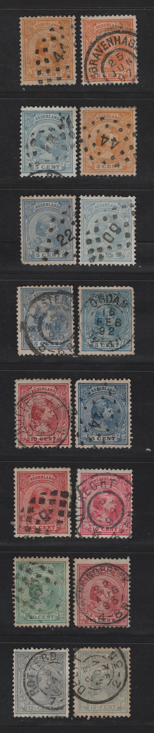 Lot 268 Netherlands SC#40, 40a, 41, 41a, 43, 43a, 44, 44a, 46 3c-20c Orange - Green Princess Wilhelmina, 1891-1894 Princess Wilhelmina Keyplates, 16 Fine Used Singles With SON Dotted Numeral & CDS Town Cancels
