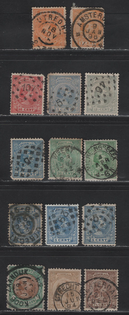 Lot 269 Netherlands SC#40, 41-41a, 42, 43a, 44a. 46, 49a, 51 3c-50c Orange - Green & Brown Princess Wilhelmina, 1891-1896 Princess Wilhelmina Keyplates, 14 VG Used Singles With SON Dotted Numeral & CDS Town Cancels