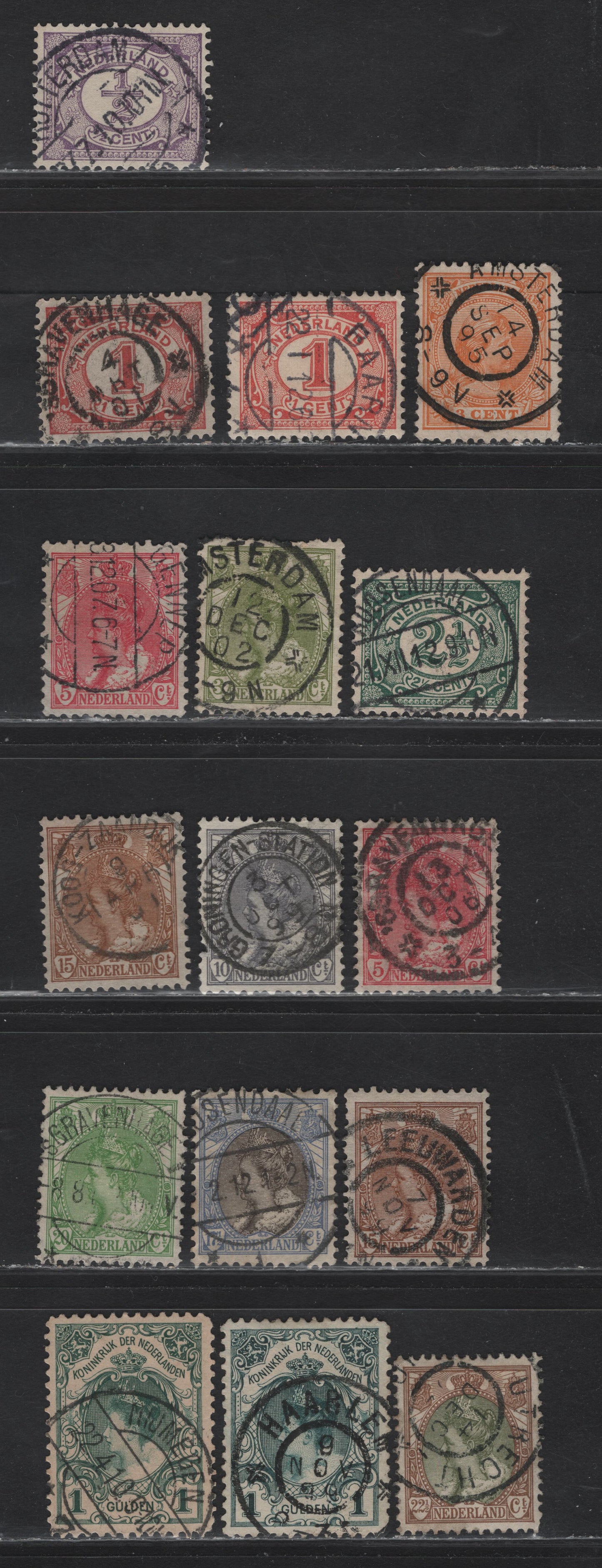 Lot 270 Netherlands (C) SC#40, 55-56, 60, 62, 65, 67, 69, 73, 74, 76, 83 3c-1g Orange - Dark Green Princess/Queen Wilhelmina & Numeral, 1891-1924 Princess & Queen Wilhelmina Keyplates, 16 VF Used Singles With SON CDS Town Cancels