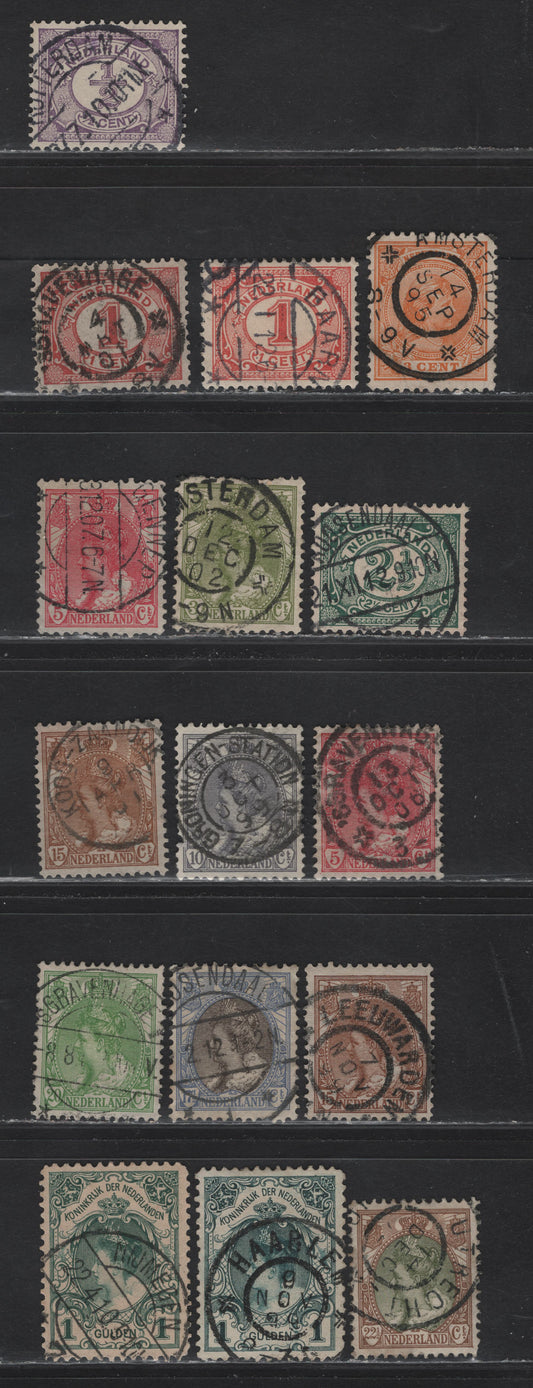 Lot 270 Netherlands (C) SC#40, 55-56, 60, 62, 65, 67, 69, 73, 74, 76, 83 3c-1g Orange - Dark Green Princess/Queen Wilhelmina & Numeral, 1891-1924 Princess & Queen Wilhelmina Keyplates, 16 VF Used Singles With SON CDS Town Cancels