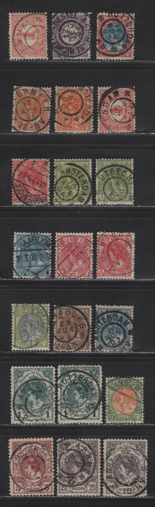 Lot 271 Netherlands (C) SC#55/85 1/2c-5g Violet - Claret Queen Wilhelmina & Numeral, 1898-1924  Queen Wilhelmina & Numeral Keyplates, 21 Fine Used Singles With SON CDS Town Cancels