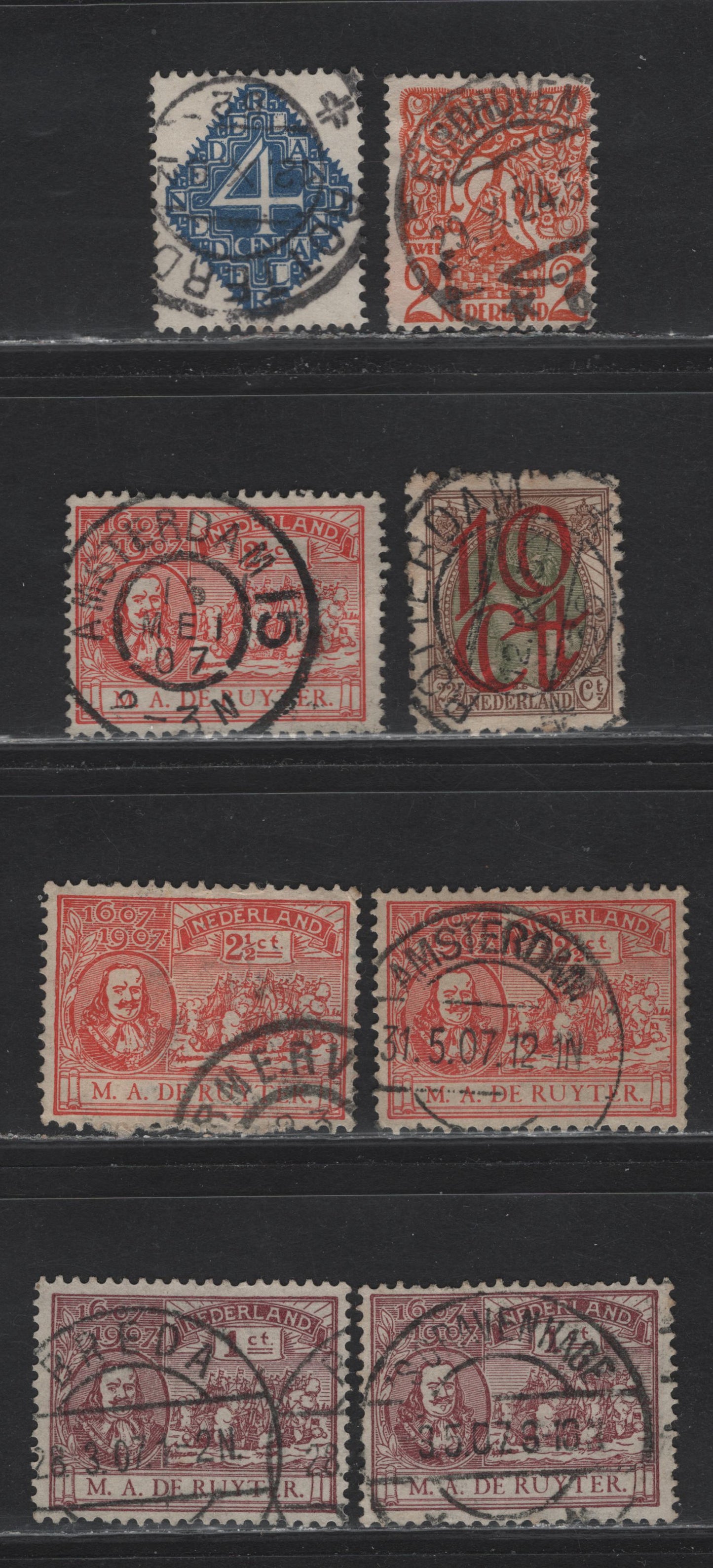 Lot 272 Netherlands SC#88-89, 114, 116, 123 1c-10c on 22.5c Claret - Brown & Olive Green Admiral MA de Ruyter - Queen Wilhelmina, 1907 De Ruyter Issue - 1923 Surcharges, 8 Fine & VF Used Singles With SON CDS Town Cancels