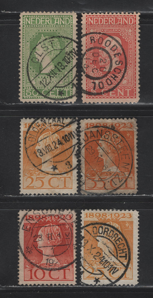 Lot 273 Netherlands SC#92, 97, 127, 129, 130 5c-35c Rose Red On Salmon - Orange King William III & Queen Wilhelmina, 1913 Centenary of Dutch Independence - 1923 Silver Jubilee Issue, 6 Fine & VF Used Singles With SON CDS Town Cancels