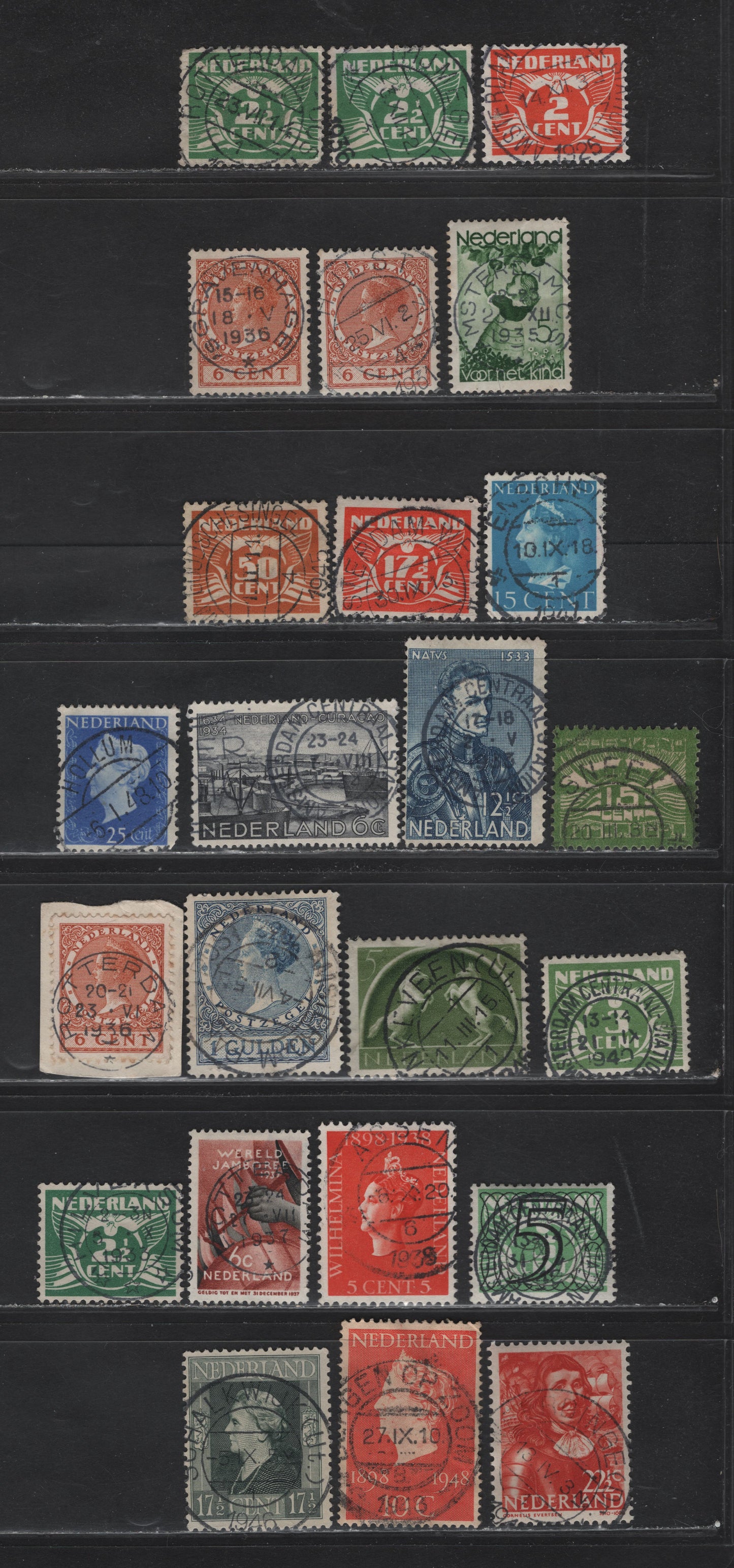 Lot 274 Netherlands SC#148/C2 2c-15c Orange - Yellow Green Gull - Stylized Seagull, 1924-1926 Gull & Queen Wilhelmina Definitives - 1921 Airmails, 23 VG-VF Used Singles With SON CDS Town Cancels