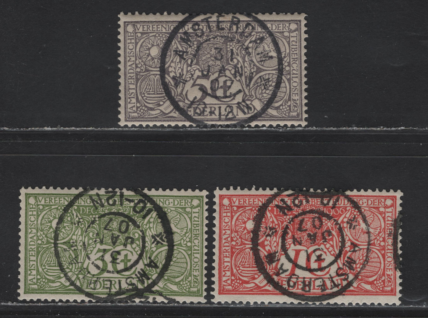 Lot 275 Netherlands SC#B1-B3 1c+1c - 5c+5c Rose Red - Grey Allegory of Fighting Tuberculosis, 1906 Semi-Postal Issue, 3 Fine & VF Used Singles CTO Set With January 31, 1907 Amsterdam CDS Cancels