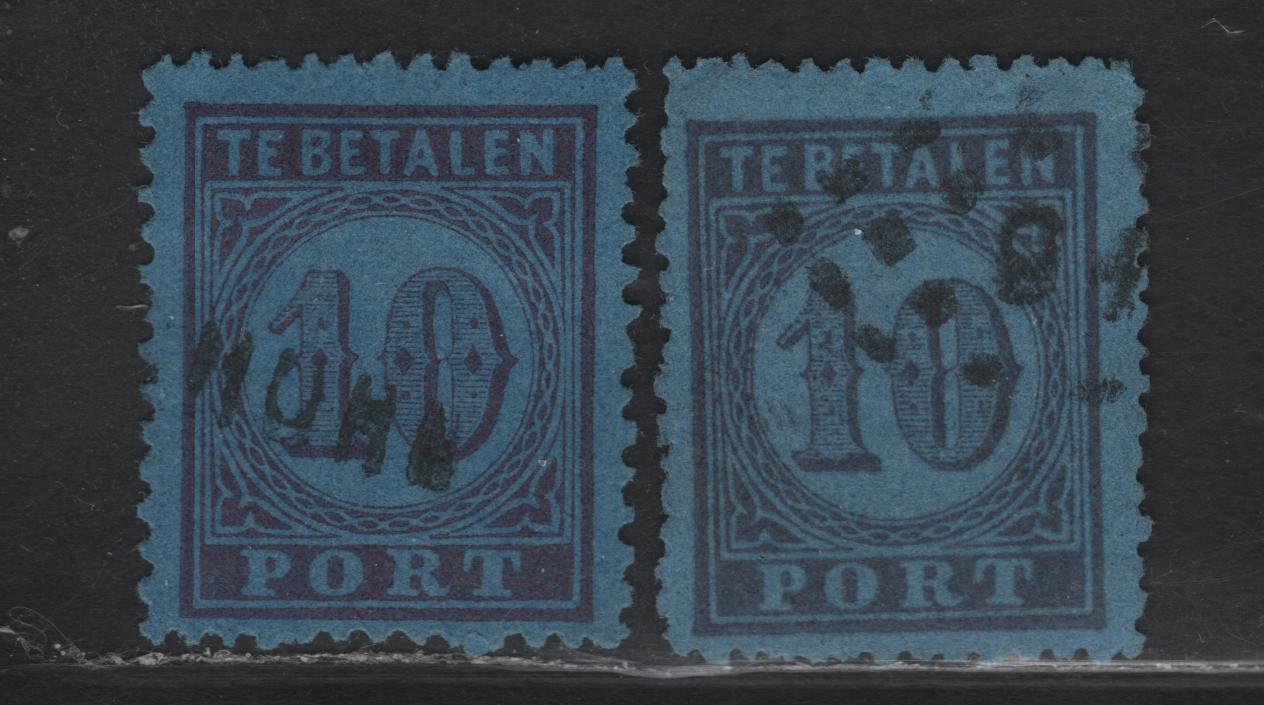 Lot 277 Netherlands SC#J2-J2a 10c Violet on Blue Numeral in Circular Frame, 1870 Postage Due Issue, 2 Fine & VF Used Singles With SON #91 & Straight-Line Hohn Cancels, Perf. 13 & 12.5