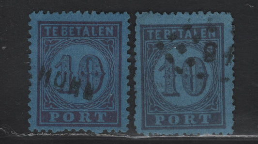 Lot 277 Netherlands SC#J2-J2a 10c Violet on Blue Numeral in Circular Frame, 1870 Postage Due Issue, 2 Fine & VF Used Singles With SON #91 & Straight-Line Hohn Cancels, Perf. 13 & 12.5