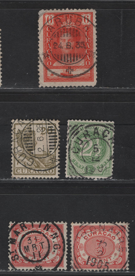 Lot 280 Netherlands Antilles SC#15, 34, 95, 65 2.5c-20c Green - Olive Green Numeral in Circular Frame - Queen Wilhelmina, 1889 Numeral Issue - 1928-1930 Engraved Queen Wilhelmina Definitive Issue, 5 VG-VF Used Singles With SON CDS & Squared Circle Cancels