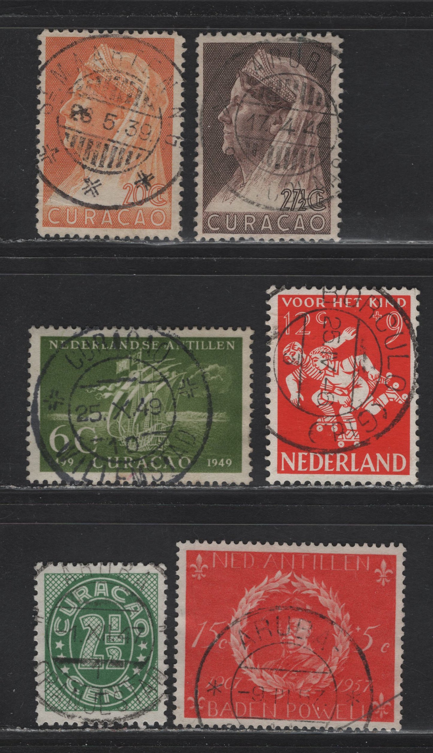 Lot 281 Netherlands Antilles & Netherlands SC#130, 136, 139, 203, B329 2.5c-15c+5c Green - Red, 1936 Numeral & Queen Wilhelmina Definitives - 1957 50th Anniversary of Scout Movement, 6 VF Used Singles With SON CDS Town Cancels