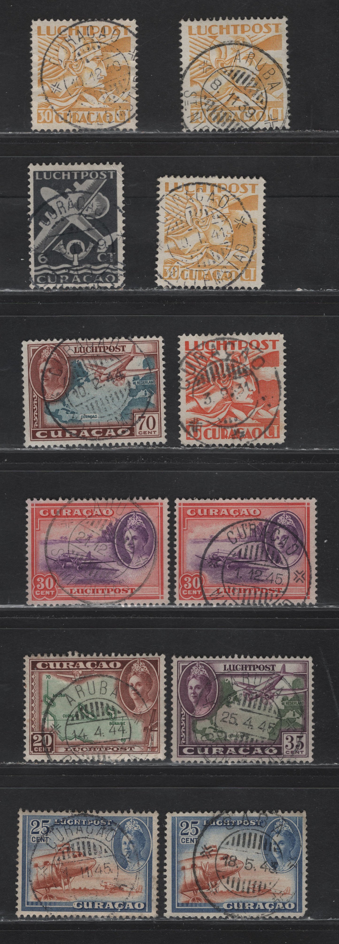 Lot 282 Netherlands Antilles SC#C8, C11, C20-C23, C28, C32A 30c-6c Yellow - Grey Black Allegory Of Flight - Plane & Post Horn, 1931-1939, 1942 & 1947 Airmail Issues, 12 VF Used Singles With SON CDS Town Cancels