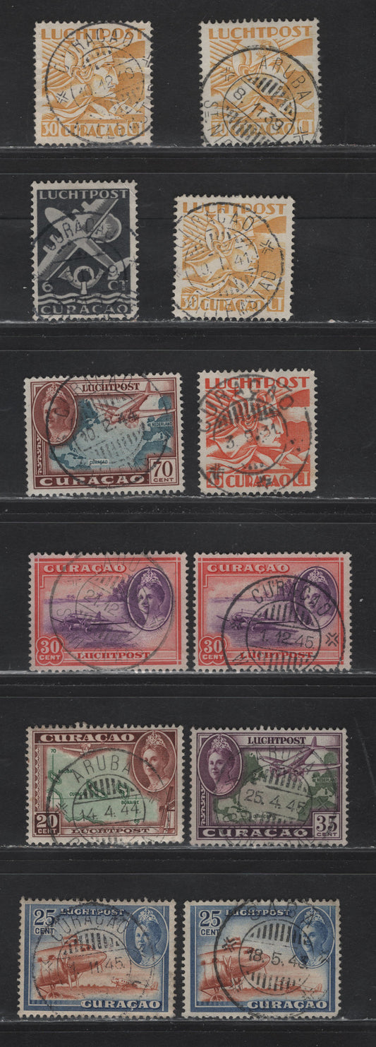 Lot 282 Netherlands Antilles SC#C8, C11, C20-C23, C28, C32A 30c-6c Yellow - Grey Black Allegory Of Flight - Plane & Post Horn, 1931-1939, 1942 & 1947 Airmail Issues, 12 VF Used Singles With SON CDS Town Cancels