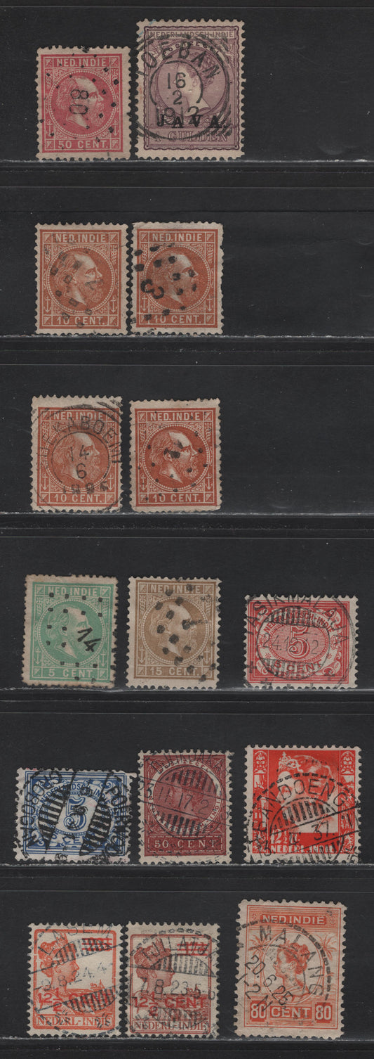 Lot 284 Netherlands Indies SC#9/97b 5c-12.5c Pale Green - Deep Orange, 1870-1888 King William III Sidefaces - 1933-1937 Rice Field & Queen Wilhelmina Definitives, 15 VG & Fine Used Singles With SON CDS and Dotted Diamond Numeral Cancels