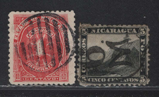 Lot 287 Nicaragua SC#5, J36 5c-1c Black & Carmine Mountain Peak, Numeral, 1869-1871 Liberty Cap & Mountain Peak Issue & 1899 Seebeck Postage Due Issue, 2 VF Used Singles With SON Managua-6 Oval & Circular Barred Grid Cancels