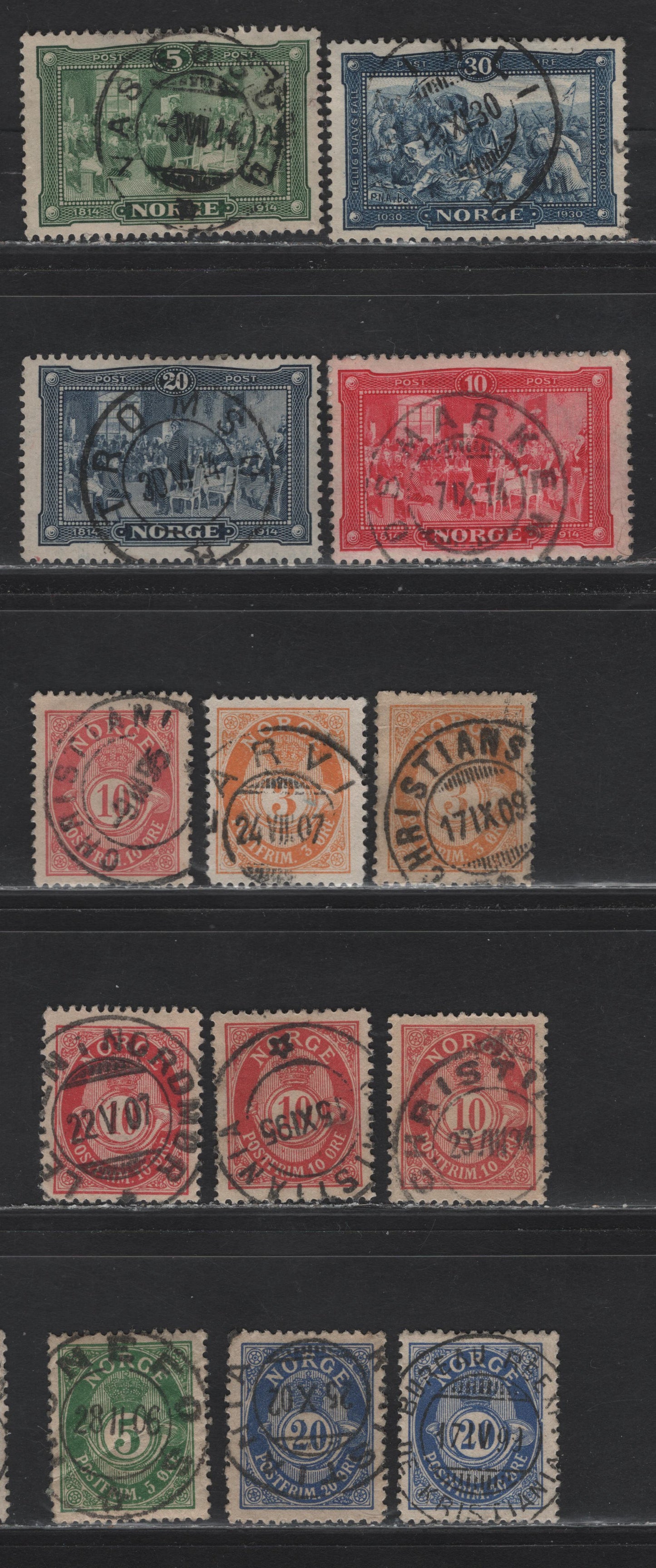 Lot 292 Norway SC#49/53, 96-98, 153  3o-30o Orange Yellow - Deep Blue 1893-1908 Post Horn Issue With Roman Inscriptions & Shaded Post Horn & 1914-30 Constitution Issue, 13 VG-VF Used Singles With SON CDS Town Cancels, 5o is Heavily Creased & Not Counted