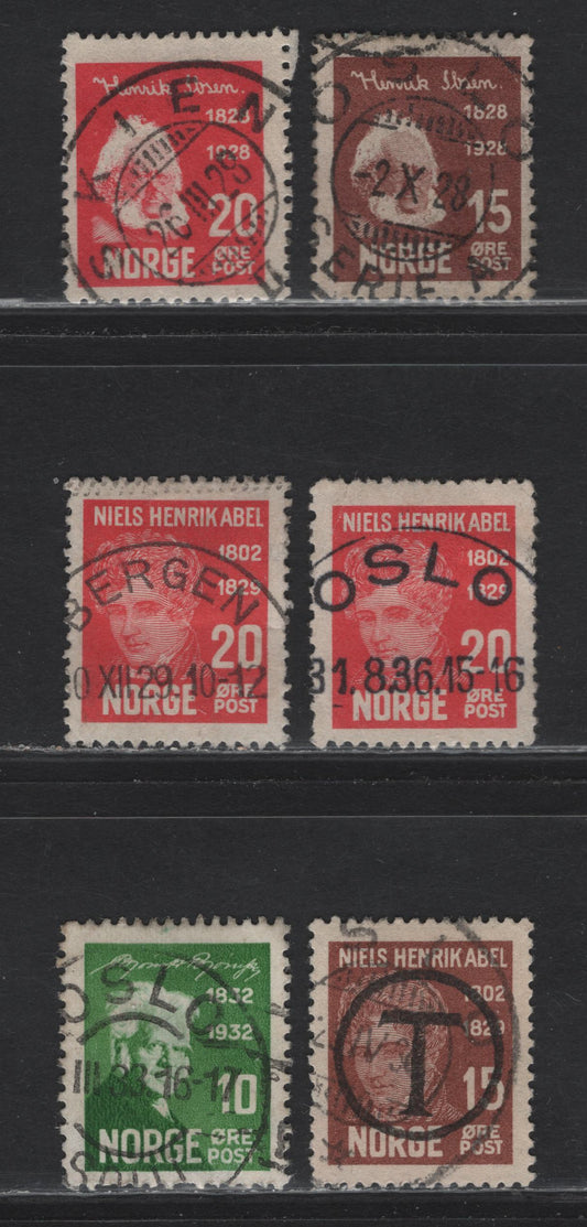 Lot 294 Norway SC#132-133, 146-147, 154 15o-10o Chestnut Brown - Green Henrik Ibsen - Bjornson, 1928 Ibsen Issue - 1932 Bjornson Issue, 6 Fine & VF Used Singles With SON CDS Town Cancels