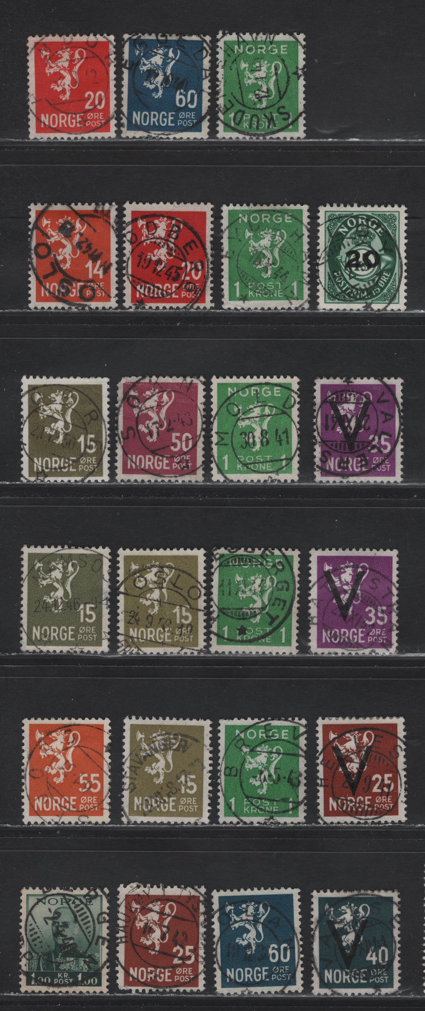 Lot 295 Norway SC#194/202, 203, 177, 329, 229, 231-232 1k-20o on 15o Dark Green - Emerald King Haakon VII - Crown & Post Horn, 1937-1938 King Haakon Issue - 1952 Surcharges, 22 Fine & VF Used Singles With SON CDS Town Cancels