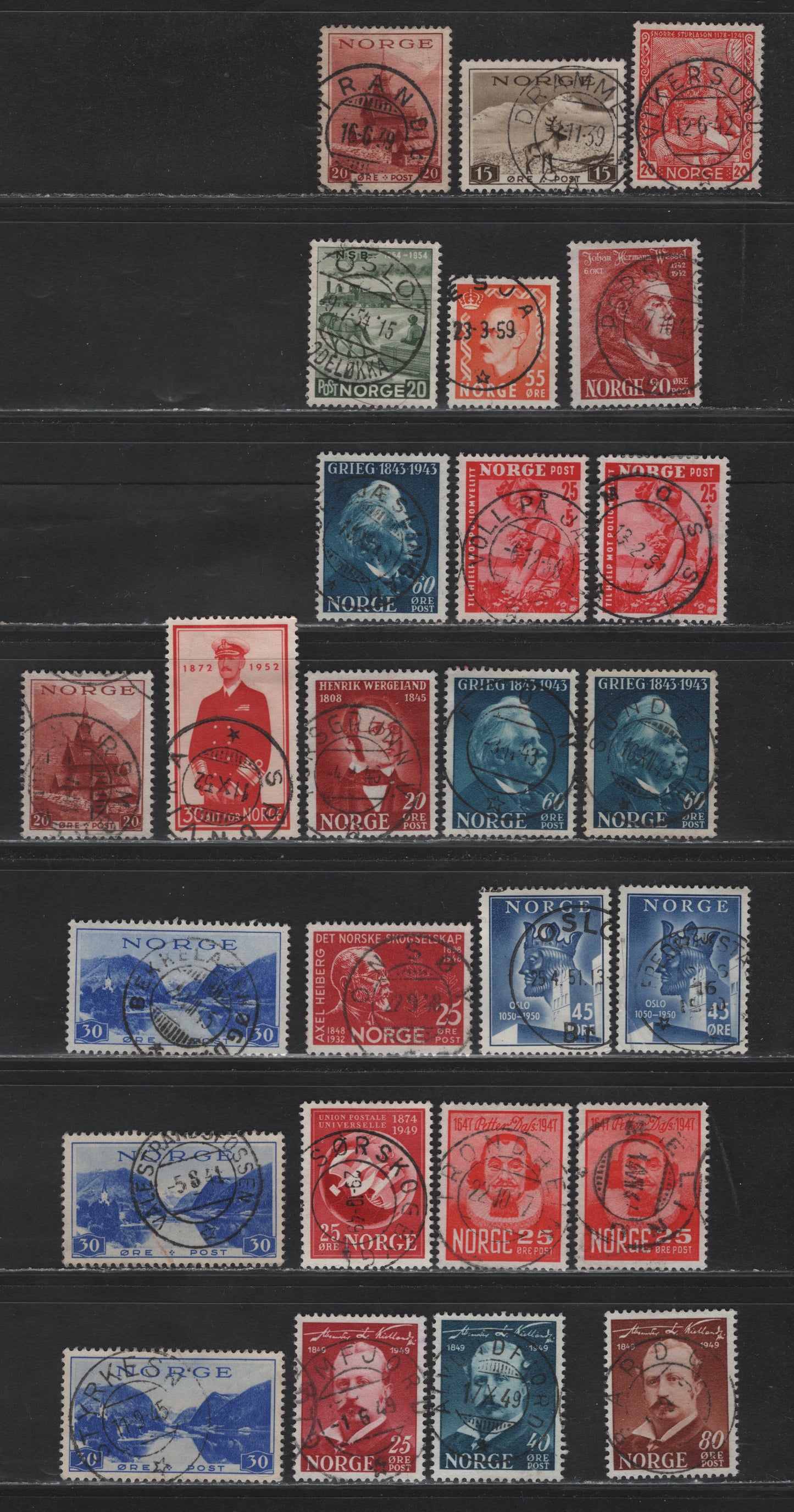 Lot 296 Norway SC#184/B48 15o-25o+5o Olive Brown - Bright Red Reindeer - Child Picking Flowers, 1939 Scenic Definitives Issue Unwatermarked - 1950 Semi-Postal Issue, 25 VF Used Singles With SON CDS Town Cancels