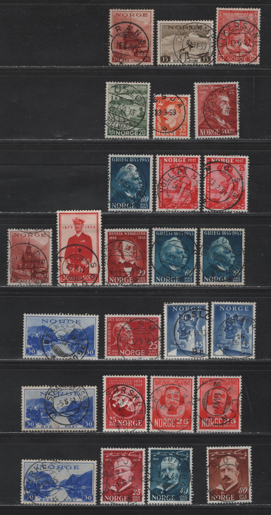 Lot 296 Norway SC#184/B48 15o-25o+5o Olive Brown - Bright Red Reindeer - Child Picking Flowers, 1939 Scenic Definitives Issue Unwatermarked - 1950 Semi-Postal Issue, 25 VF Used Singles With SON CDS Town Cancels