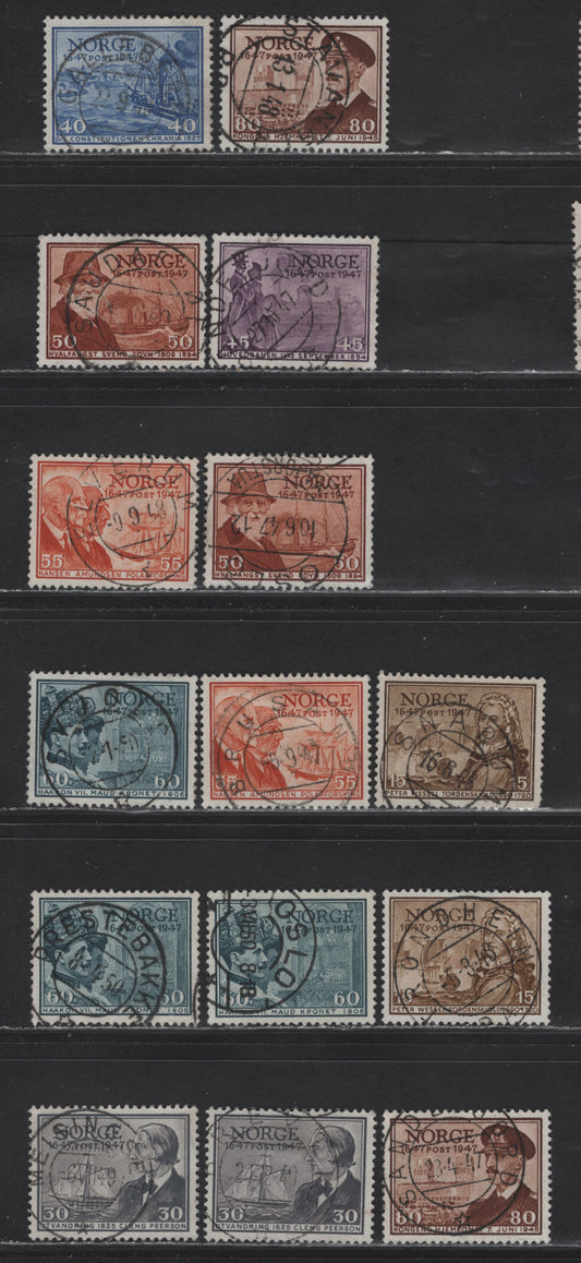 Lot 297 Norway SC#281/289 15o-80o Brown-Dark Brown Admiral Tordenskjold - Return of King Haakon, 1947 300th Anniversary of Norwegian Post Office, 15 VF Used Singles With SON CDS Town Cancels